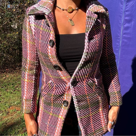 {Cherokee} Vintage Pink & Plaid Striped Mid-Length Wool Coat, Authentic Original - Picture 15 of 15